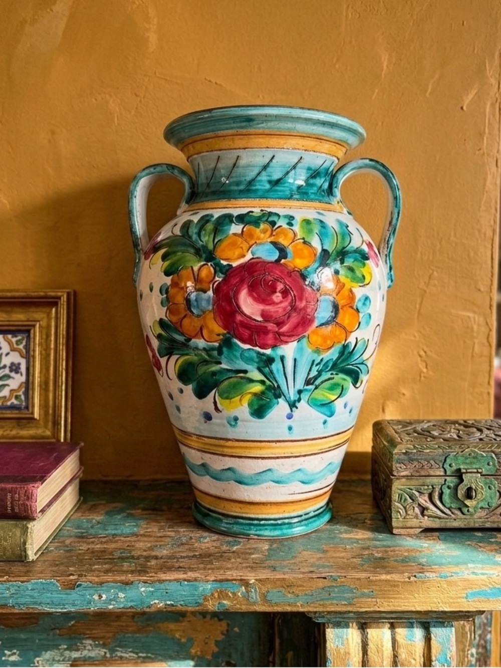 Italian Majolica Sgraffito Pottery Hand-Painted Floral Vase Vintage